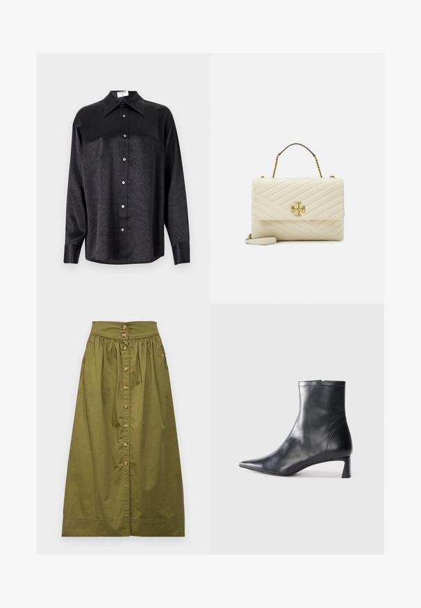 Black long-sleeve shirt with a collared neckline, featuring a crinkled texture, full button front, and cuffs. Made from a smooth fabric.; Vanessa Bruno DARJA - A-line skirt - safari; Black leather ankle boot with a pointed toe and a sleek design. Features a low heel and a zipper closure at the back. Smooth texture.; Quilted cream handbag with a gold logo accent, featuring a top handle and a detachable shoulder strap, lined with a smooth texture.