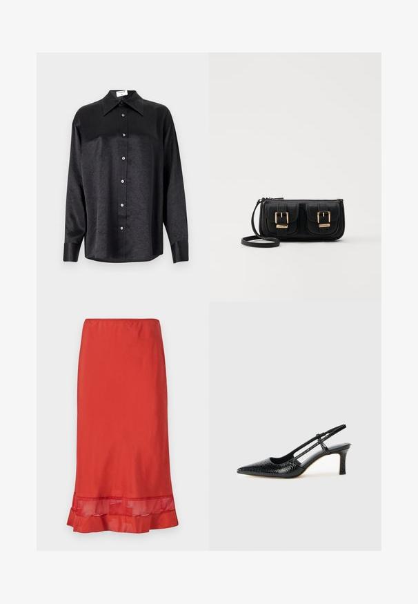 Svart langermet skjorte med krage, som har en rynket tekstur, fullt knappet front og mansjetter. Laget av et glatt stoff.; Rød blyantskjørt laget av glatt stoff, med et mesh-accent ved kanten. Skjørtet har en tettsittende silhuett med en volang nederst.; Sorte patent slingback hæl med spids tå, featuring tekstureret slangeskind, justerbar rem og en kort, tekstureret blokhæl.; Svart skinn crossbody veske med to frontlommer, gyldne spenner, glidelåslukking og en slank stropp. Teksturert overflate og kompakt rektangulær form.