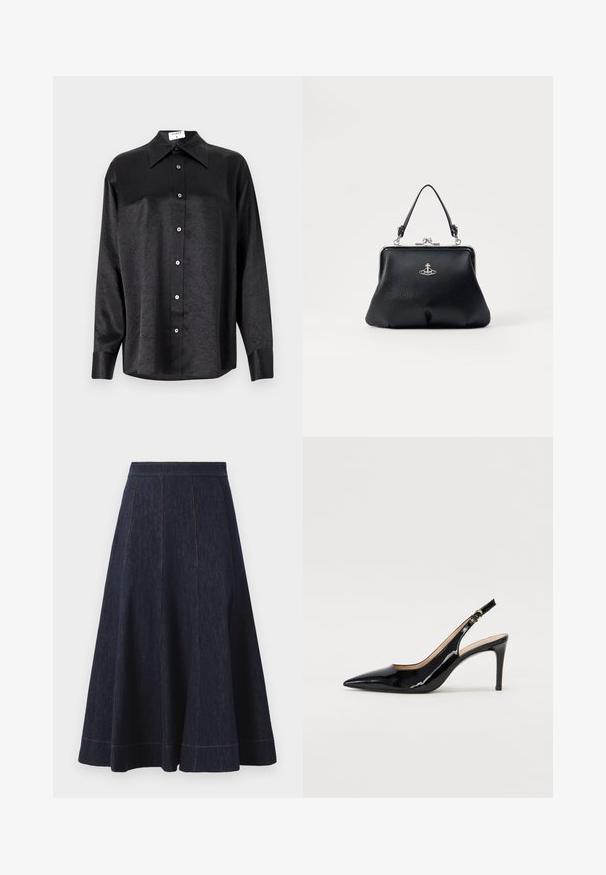 Fekete, hosszú ujjú ing, galléros nyakkal, gyűrött textúrával, teljes gombos elejével és mandzsettákkal. Simaságú anyagból készült.; Sötétkék farmer szoknya, flare fazonnal, függőleges varrásokkal és kontrasztos narancssárga öltésekkel az alján.; Fekete lakk bőr kötött magassarkú cipő, hegyes orral és karcsú sarokkal, finom kivágásos dizájnnal. Az övön arany csatt található.; Fekete bőr kézitáska texturált felülettel, ezüst hardware-rel, zárható csattal és rövid fogantyúval a hordozáshoz. Kompakt és strukturált kialakítás.