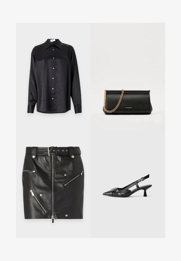 Juodas ilgarankovis marškinis su apykakle, turintis plėšyta tekstūra, visiško mygtukų uždarymo priekyje ir rankogaliais. Pagamintas iš lygaus audinio.; Juoda odinė mini sijonas su priekiniais užtrauktukais, keliais užtrauktukais užtrauktukais, diržu su sagtimi ir sidabriniais detalėmis.; Juodas odinis slingback tipo batai su smailiu priekiniu atvartu, dekoratyvinėmis sagtimis su metaliniais akyčiais ir žemu blokiniu kulnu. Saldus paviršius.; Juodas odinis delninukas su auksine grandine, turintis lygų paviršių, stačiakampį išmatavimą ir įspaustą prekės ženklą priekyje.