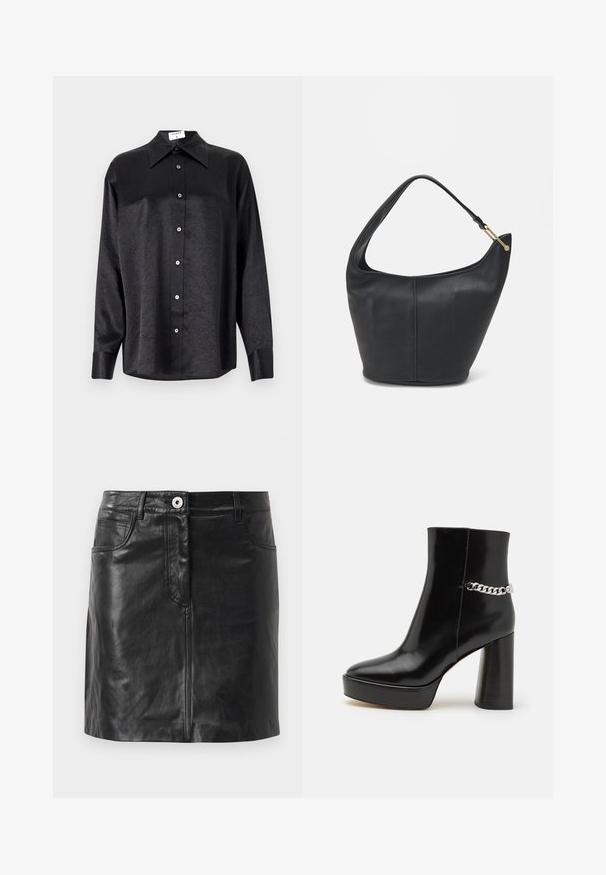 Cămașă neagră cu mânecă lungă, cu guler, cu o textură șifonată, cu nasturi pe toată lungimea și manșete. Fabricată dintr-un material neted.; WEEKEND MaxMara HULL - Fustă tip creion - nero; Botine negre din piele lacuită, cu platformă masivă și toc înalt. Prezintă un accent din lanț argintiu pe lateral. Textură netedă.; Geantă din piele neagră, cu o formă rotunjită, curea lată și un finisaj texturat. Are detalii subtile de cusătură și un accent din metal de culoare aurie.