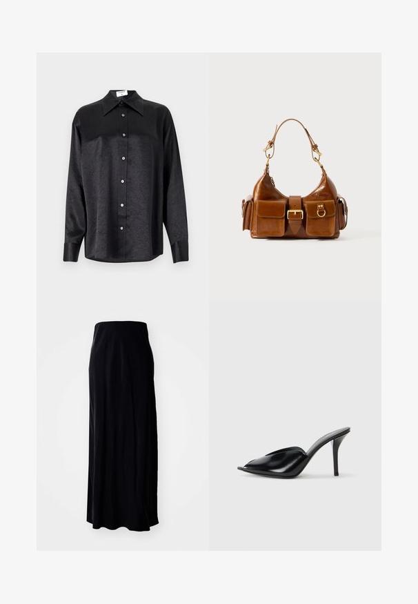 Svart långärmad skjorta med krage, med en krinklad textur, full knappstängning och manschetter. Tillverkad av ett glatt tyg.; Svart maxikjol gjord av mjukt tyg; har en rak silhuett, slät textur och en något utsvängd fåll.; Svarta läder högklackade mule-skor med öppen tå, spetsig design, slät yta och en smal stiletto-häl.; Brun läderhandväska med en rundad form, dubbla detaljer i gyllene ton, två framfickor och ett brett band. Slät textur med en elegant finish.