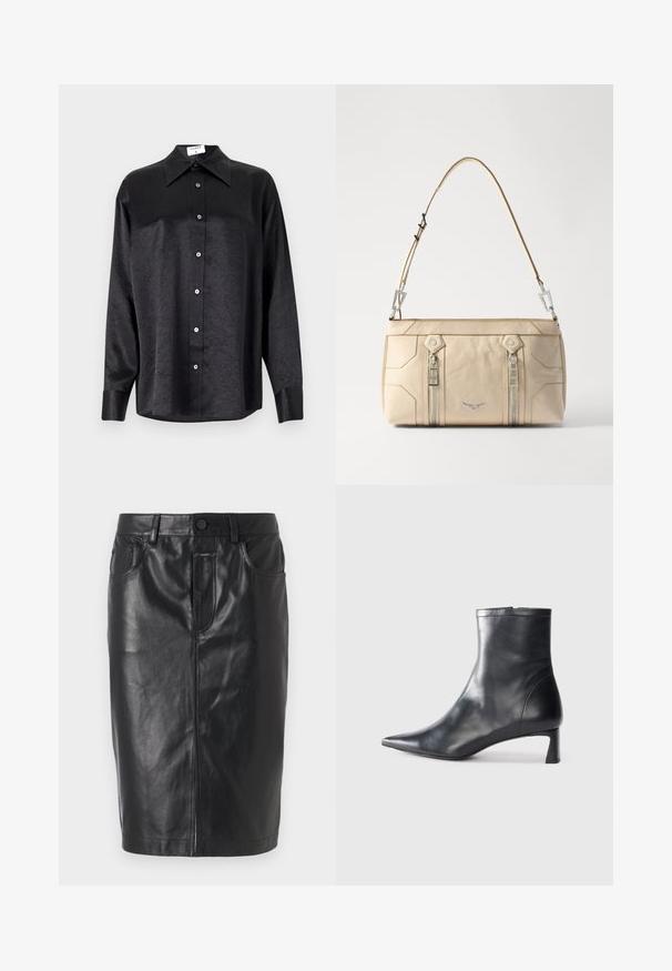 Svart långärmad skjorta med krage, med en krinklad textur, full knappstängning och manschetter. Tillverkad av ett glatt tyg.; Svart läderkjol med en figurnära design, mittlängd, framsida med dragkedja och två fickor. Slät yta med synliga sömnadsdetaljer.; Svart läder ankelboot med spetsig tå och en smidig design. Har en låg klack och en dragkedjestängning bak. Slät textur.; Beige läderhandväska med silverdetaljer, två sidoglittrar, strukturerad design och en avtagbar rem för mångsidighet.
