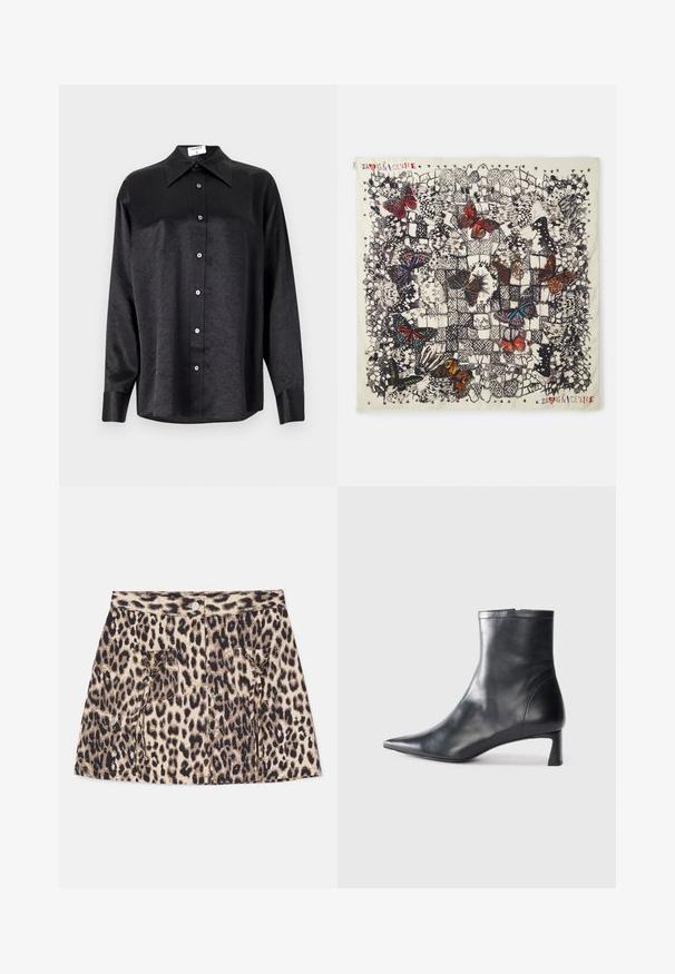 Black long-sleeve shirt with a collared neckline, featuring a crinkled texture, full button front, and cuffs. Made from a smooth fabric.; Leopard print denim skirt featuring a high waist, front button closure, and two side pockets with drawstring details.; Black leather ankle boot with a pointed toe and a sleek design. Features a low heel and a zipper closure at the back. Smooth texture.; Square silk scarf featuring detailed butterfly illustrations in various colors on a light background, with black outlines and decorative patterns.