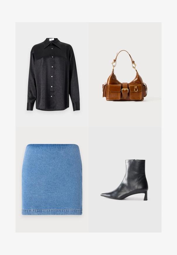 Svart långärmad skjorta med krage, med en krinklad textur, full knappstängning och manschetter. Tillverkad av ett glatt tyg.; Denim mini kjol i ljusblått med en figurnära design, rak fåll och subtil textur. Inga synliga knäppningar eller fickor.; Svart läder ankelboot med spetsig tå och en smidig design. Har en låg klack och en dragkedjestängning bak. Slät textur.; Brun läderhandväska med en rundad form, dubbla detaljer i gyllene ton, två framfickor och ett brett band. Slät textur med en elegant finish.