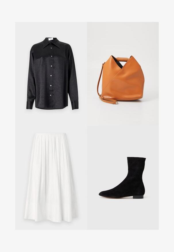 Fekete, hosszú ujjú ing, galléros nyakkal, gyűrött textúrával, teljes gombos elejével és mandzsettákkal. Simaságú anyagból készült.; Proenza Schouler White Label A-vonalú szoknya - white; Fekete velúr bokacsizma, illeszkedő szárral, hegyes orral és alacsony blokk sarokkal. Simább felület és minimalista dizájn, amely sokoldalú stílushoz megfelelő.; Barna bőr kézitáska egyedi háromszög alakú hajtásdizájnnal, felső fogantyúval és levehető vállpánttal, fehér háttér előtt.