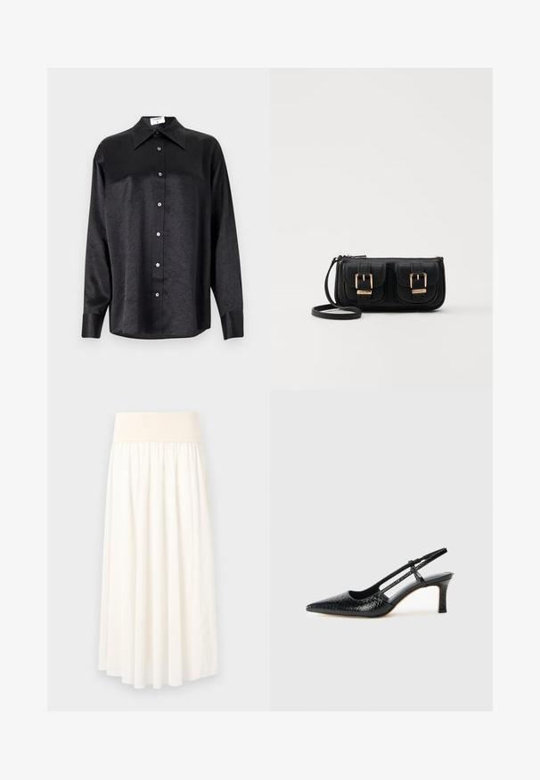 Fekete, hosszú ujjú ing, galléros nyakkal, gyűrött textúrával, teljes gombos elejével és mandzsettákkal. Simaságú anyagból készült.; Fehér, térd fölé érő szoknya könnyű anyagból, széles rugalmas derékkal és áramló, pliszírozott dizájnnal.; Fekete lakk slingback sarok, hegyes orral, texturált kígyómintával, állítható pánttal és rövid, texturált tömbsarkal.; Fekete bőr keresztbody táska két elülső zsebbel, arany csattokkal, cipzáras záródással és vékony pánttal. Textúrált felület és kompakt téglalap alak.