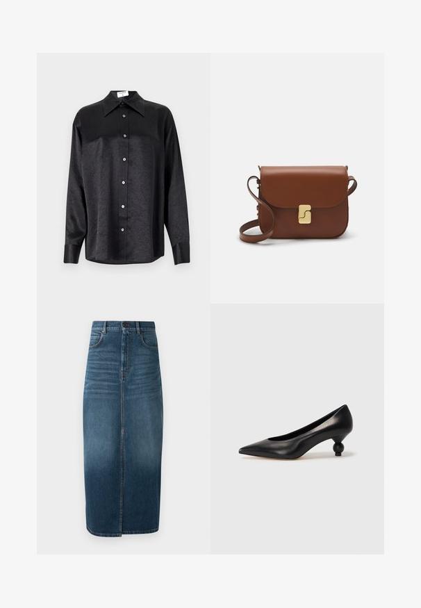 Zwarte blouse met lange mouwen en een kraag, voorzien van een gekreukt oppervlak, volwaardige knopen aan de voorkant en manchetten. Gemaakt van een gladde stof.; Denim midi-rok in donker indigo, met een voorkeursplit en een lichte vervaging. Klassiek vijf-pocket ontwerp met metalen knoopsluiting.; Zwarte leren hoge hak schoen met een spitse neus en een ronde, bolle hak. Gladde textuur met een elegant, minimalistisch ontwerp.; Bruine leren handtas met een klep sluiting, gouden hardware, een schouderband en een gladde textuur. Compact rechthoekige vorm.