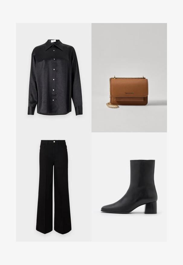 Cămașă neagră cu mânecă lungă, cu guler, cu o textură șifonată, cu nasturi pe toată lungimea și manșete. Fabricată dintr-un material neted.; Jeanși negri cu picior larg, fabricați dintr-un material rezistent, având talie înaltă, buzunare frontale și închidere cu nasture în față. Tăietură dreaptă la bază.; Botine negre din piele, cu vârf ascuțit și toc pătrat masiv. Textură netedă, cu un design fără cusături și cusături minimaliste.; Geantă crossbody din piele texturată maro, cu curea din lanț aurit și închidere cu clapetă. Partea din față prezintă detalii cu logo și o buzunar sub clapetă.