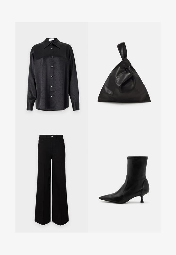 Musta pitkähiha vaarallista paitaa, jossa on kauluspanta, ryppytynyt pinta, täysi napitus edessä ja hihansuut. Valmistettu sileästä kankaan.; Mustat leveälahkeiset farkut, jotka on valmistettu kestävästä kankaasta, korkealla vyötäröllä, etutaskuilla ja edessä nappikiinnitys. Litistetty helma alaosassa.; Musta nahkainen nilkkuri, jossa on kaventuva siluetti, elastinen yläosa ja lyhyt, ohut korko. Sujuva pinta ja vähäiset ompeluyksityiskohdat.; Mustaa nahkalaukkua, jossa on ainutlaatuinen solkilukko, kolmion muoto, sileä pinta ja minimalistinen muotoilu. Ei näkyvää kiinnitystä tai kuvioita.