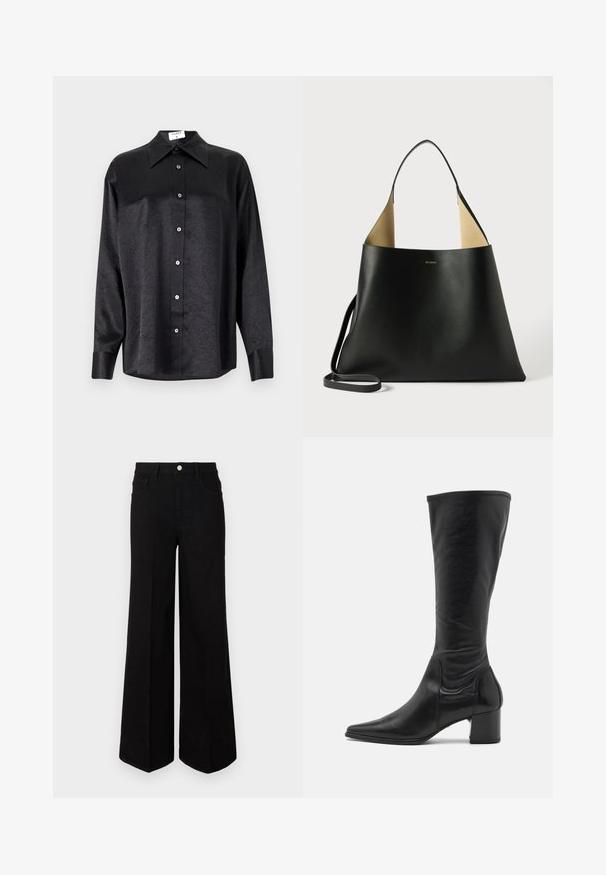Black long-sleeve shirt with a collared neckline, featuring a crinkled texture, full button front, and cuffs. Made from a smooth fabric.; Black wide-leg jeans made of sturdy fabric, featuring a high waist, front pockets, and a front button closure. Flat hem at the bottom.; Knee-high black leather boot with a pointed toe, minimal seam detailing, and a chunky square heel. Smooth texture with a glossy finish.; Black leather tote bag with a spacious, angular design. Features a contrast tan interior and thin shoulder strap. Minimalist branding displayed.