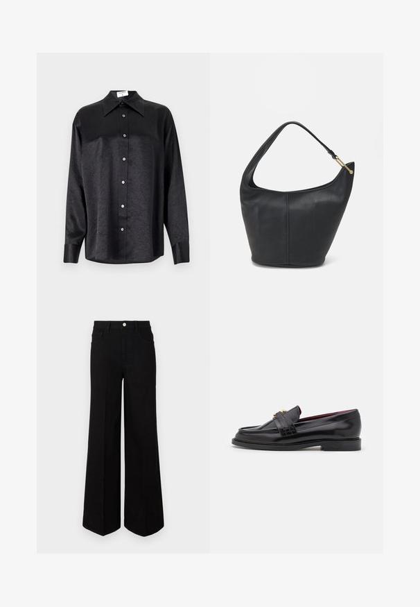 Schwarzes Langarmhemd mit kragenförmigem Halsausschnitt, mit einem zerknitterten Textur, voller Knopfleiste und Manschetten. Hergestellt aus einem glatten Stoff.; Schwarze weit geschnittene Jeans aus strapazierfähigem Material, mit hoher Taille, Fronttaschen und einem Knopfverschluss vorne. Flacher Saum am Boden.; Schwarze Lederloafers mit einem gestickten Muster, glatter Textur, goldenen Schnallendetails und einer runden Zehenform, auf einer niedrigen schwarzen Sohle.; Schwarze Lederhandtasche mit abgerundeter Form, breitem Tragegurt und strukturiertem Finish. Besitzt eine subtile Nahtdetails und einen Akzent aus goldfarbenem Metall.