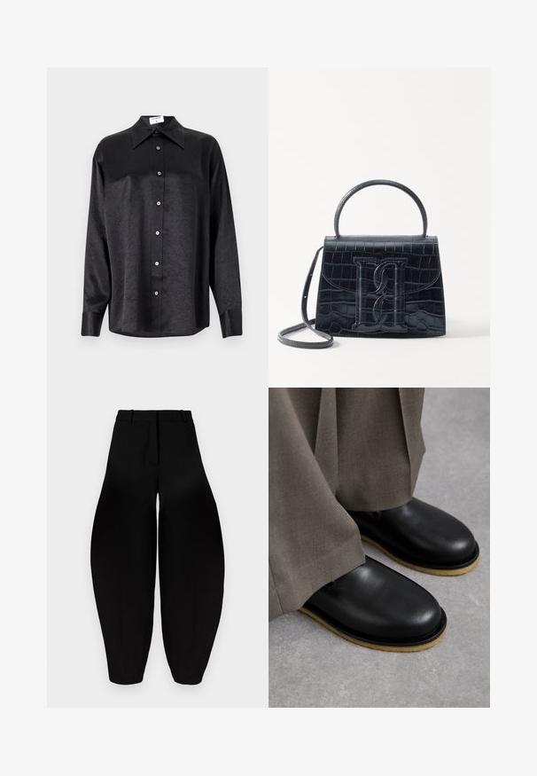 Musta pitkähiha vaarallista paitaa, jossa on kauluspanta, ryppytynyt pinta, täysi napitus edessä ja hihansuut. Valmistettu sileästä kankaan.; Mustat leveälahkeiset housut, joissa on korkea vyötärö, pleatattu etuosa ja kapenevat nilkat. Valmistettu sileästä kankaasta, jossa on matta pinta.; Mustat nahkakengät, joissa on pyöreä varvas, litteä pohja ja vaaleanruskea kontrastipohja, yhdistettyinä löysiin harmaisiin housuihin.; Musta krokotiilivoimalla painettu nahkakäsilaukku, jossa on jämäkkä muotoilu, yläkahva, säädettävä hihna ja erottuva etuosan logoyksityiskohta.