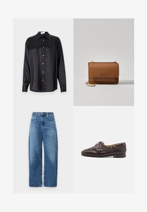 Camicia nera a maniche lunghe con colletto, caratterizzata da una texture stropicciata, chiusura frontale con bottoni e polsini. Realizzata in un tessuto morbido.; Jeans in denim blu a gamba larga, con vita alta, design classico a cinque tasche e cuciture rinforzate visibili lungo le cuciture.; Mocassini in pelle marrone con un design strutturato, occhielli dorati e lacci. Presentano un tacco basso e cuciture dettagliate lungo il puntale.; Borsa a tracolla in pelle marrone con texture, dotata di catena dorata e chiusura a pattina. Sul davanti presenta un dettaglio con logo e una tasca sotto la pattina.