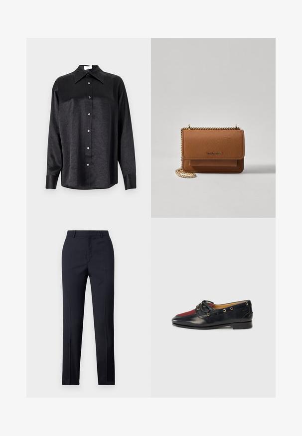 Čierna košeľa s dlhým rukávom a golierom, s pokrčenou textúrou, plne gombíkovou prednou časťou a manžetami. Vyrobená z hladkého materiálu.; Námornícke nohavice s rovnými nohavicami, so hladkou textúrou, dvoma prednými vreckami a čistým pásom.; Čierne kožené lodné topánky s červenou semišovou špičkou, zlatými očkami a dekoratívnou mašľou. Hladký povrch s nízkym blokovým podpätkom.; Hnedá textúrovaná kožená taška cez telo s zlatým reťazovým popruhom a preklopným uzáverom. Predná strana obsahuje detail s logom a vrecko pod preklopkou.