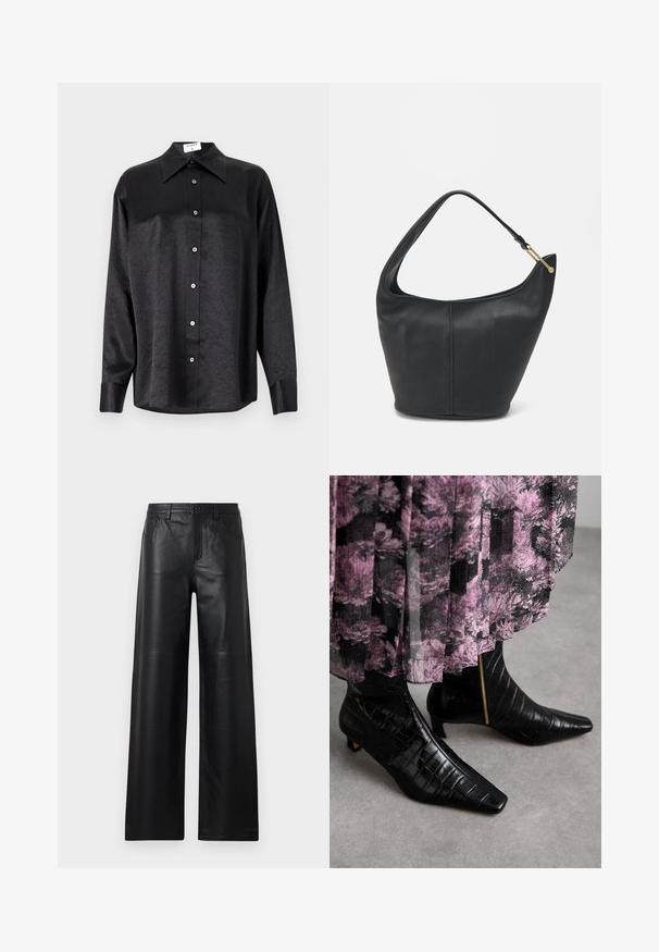 Melnas garām piedurknēm krekls ar apdari, kas piedāvā samocītu tekstūru, pilnu pogu priekšpusi un aproces. Izgatavots no gludas auduma.; Platas kāju melnas ādas bikses ar gludu tekstūru, kurām ir priekšējās kabatas, pogu aizdare un smalki izšuvumi.; Melnās ādas potītes zābaki ar krokodilveida tekstūru, ar norādītu purngalu un mazu blokveida papēdi; sānos ir zelta zipa akcenti.; Melnas ādas rokassomi ar noapaļotu formu, platu siksnu un strukturētu apdari. Iezīmējas ar nelielām šuvju detaļām un zelta tonī izstrādātu aparatūru.