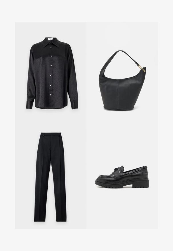 Svart langermet skjorte med krage, som har en rynket tekstur, fullt knappet front og mansjetter. Laget av et glatt stoff.; Svarte bukser laget av glatt stoff, med høy midje, vide ben, frontfolder og klassiske beltehemper. Ingen synlige sidelommer.; Sorte skinn loafers med rund tå, hvit brodering, dekorativ snøring, og en tykk, robust såle. Har metallhull på sidene.; Svart lærveske med en rund form, bred stropp og strukturert overflate. Har en subtil sømdetalj og gullfarget beslag.
