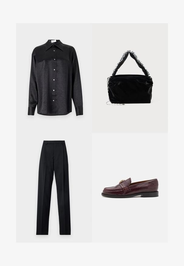 Cămașă neagră cu mânecă lungă, cu guler, cu o textură șifonată, cu nasturi pe toată lungimea și manșete. Fabricată dintr-un material neted.; Pantaloni negri dintr-un material neted, cu talie înaltă, picioare largi, pliuri frontale și loop-uri clasice pentru curea. Fără buzunare laterale vizibile.; Mocasini bărbați din piele burgundy, cu un model texturat, detalii cu cataramă aurie și talpă neagră pe un fundal alb.; Geantă din piele sintetică neagră cu un finisaj texturat, având un accent din mărgele argintii de-a lungul mânerului de sus și o curea din lanț.