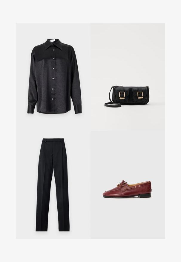 Black long-sleeve shirt with a collared neckline, featuring a crinkled texture, full button front, and cuffs. Made from a smooth fabric.; Black trousers made from smooth fabric featuring a high waist, wide legs, front pleats, and classic belt loops. No side pockets visible.; Burgundy leather boat shoes with a rounded toe, lace-up design, gold eyelets, and a low black sole. Smooth texture with stitching details.; Black leather crossbody bag with two front pockets, gold buckles, zipper closure, and a slim strap. Textured surface and compact rectangular shape.