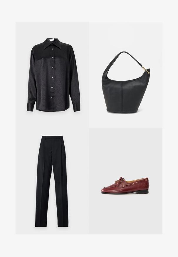 Sort langærmet skjorte med krave, der har en krøllet tekstur, fuld knaplukning foran og manchetter. Lavet af et glat stof.; Sorte bukser lavet af glat stof, der har høj talje, brede ben, frontfolder og klassiske bælteløkker. Ingen synlige sidelommer.; Bordeaux læder bådsko med rund tå, snørebåndsdesign, gyldne øjer og en lav sort sål. Glat overflade med syninger.; Sort læderhandtaske med en rund form, bred rem og textured finish. Har en subtil sømdetalje og en hardware i gyldent tone.