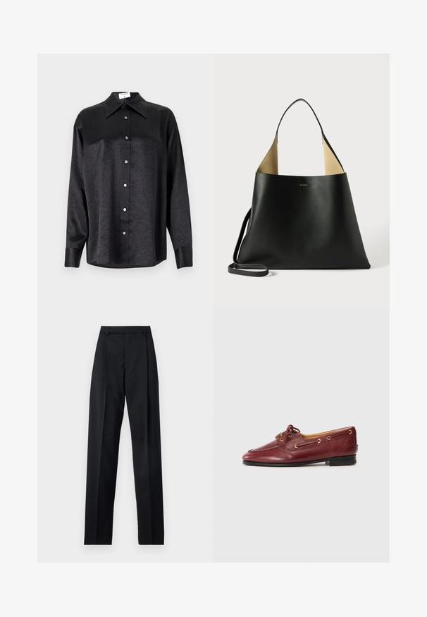 Zwarte blouse met lange mouwen en een kraag, voorzien van een gekreukt oppervlak, volwaardige knopen aan de voorkant en manchetten. Gemaakt van een gladde stof.; Zwarte broek gemaakt van gladde stof met een hoge taille, wijde benen, voorplooien en klassieke ceintuurlussen. Geen zijzakken zichtbaar.; Bordeaux leren boot schoenen met een ronde neus, vetersluiting, gouden oogjes en een lage zwarte zool. Gladde textuur met stiksels.; Zwarte leren handtas met een ruime, hoekige vormgeving. Voorzien van een contrasterende tan binnenkant en een dunne schouderband. Minimalistische branding weergegeven.