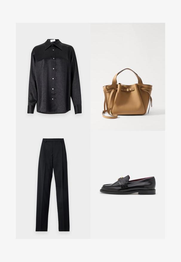 Cămașă neagră cu mânecă lungă, cu guler, cu o textură șifonată, cu nasturi pe toată lungimea și manșete. Fabricată dintr-un material neted.; Pantaloni negri dintr-un material neted, cu talie înaltă, picioare largi, pliuri frontale și loop-uri clasice pentru curea. Fără buzunare laterale vizibile.; Mocasini din piele neagră cu un model cusut, textură netedă, detaliu cu cataramă aurie și vârf rotund, așezați pe o talpă joasă neagră.; Tory Burch ROMY PEBBLED SATCHEL - Geantă de mână - tiramisu