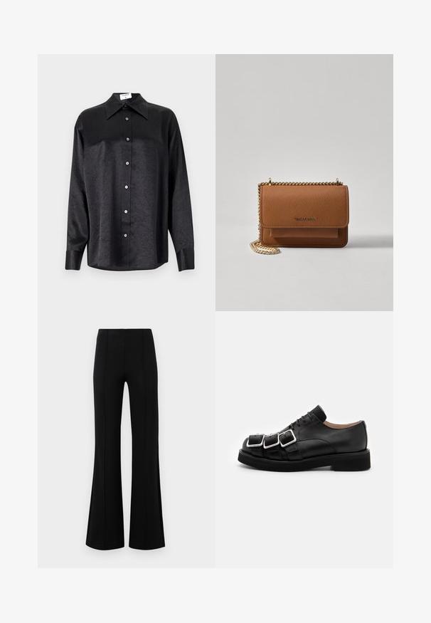 Camicia nera a maniche lunghe con colletto, caratterizzata da una texture stropicciata, chiusura frontale con bottoni e polsini. Realizzata in un tessuto morbido.; Pantaloni neri a zampa d'elefante con vita alta, realizzati in tessuto elastico. Presentano dettagli di cucitura verticale nella parte anteriore e una texture liscia.; N°21 DERBY - Stringate - black; Borsa a tracolla in pelle marrone con texture, dotata di catena dorata e chiusura a pattina. Sul davanti presenta un dettaglio con logo e una tasca sotto la pattina.