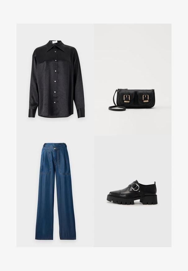 Black long-sleeve shirt with a collared neckline, featuring a crinkled texture, full button front, and cuffs. Made from a smooth fabric.; Dark blue wide-leg jeans made of denim, featuring two front pockets, a button closure, and contrasting orange stitching details.; Black leather shoes with a chunky, ribbed sole, featuring a circular silver hardware accent and minimal stitching detail.; Black leather crossbody bag with two front pockets, gold buckles, zipper closure, and a slim strap. Textured surface and compact rectangular shape.
