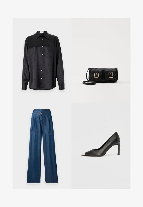 Black long-sleeve shirt with a collared neckline, featuring a crinkled texture, full button front, and cuffs. Made from a smooth fabric.; Dark blue wide-leg jeans made of denim, featuring two front pockets, a button closure, and contrasting orange stitching details.; Black leather high heel shoe with a pointed toe and a metallic silver cap. Features a smooth finish and a slender 10 cm heel.; Black leather crossbody bag with two front pockets, gold buckles, zipper closure, and a slim strap. Textured surface and compact rectangular shape.