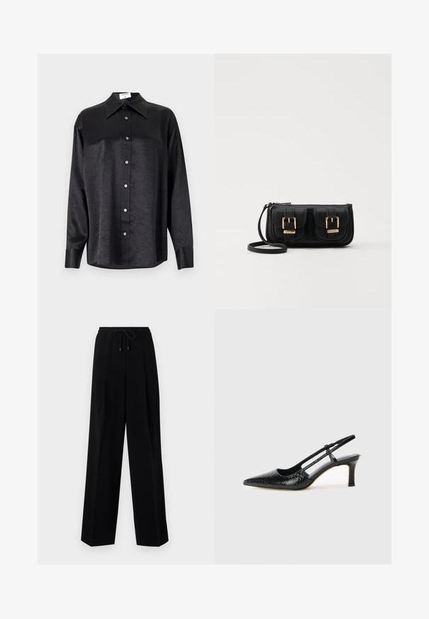 Schwarzes Langarmhemd mit kragenförmigem Halsausschnitt, mit einem zerknitterten Textur, voller Knopfleiste und Manschetten. Hergestellt aus einem glatten Stoff.; Schwarze Hose mit lockerer Passform, gefaltetem Frontbereich, elastischem Bund und Kordelzug. Der Stoff wirkt glatt mit einem leichten Glanz.; Schwarze Lack-Slingback-Pumps mit spitzem Zehenbereich, versehen mit strukturiertem Schlangenprint, verstellbarem Riemen und einem kurzen, strukturierten Blockabsatz.; Schwarze Leder-Umhängetasche mit zwei vorderen Taschen, goldenen Schnallen, Reißverschluss und einem schmalen Tragegurt. Texturierte Oberfläche und kompakte rechteckige Form.