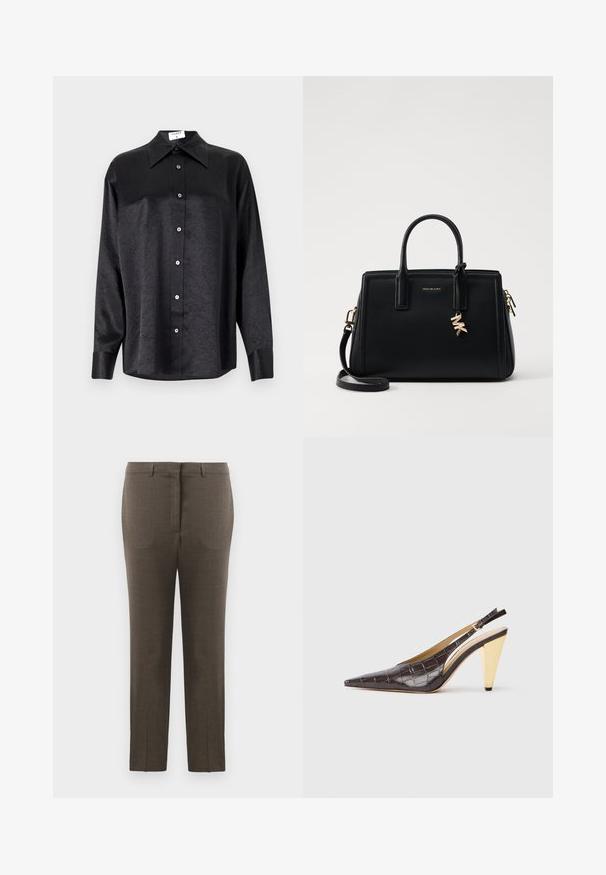 Svart langermet skjorte med krage, som har en rynket tekstur, fullt knappet front og mansjetter. Laget av et glatt stoff.; Brune skreddersydde herrebukser med fremoverbrett og beltesløyfer, vist mot en hvit bakgrunn.; Spenne-punktet hæl i mørkebrun, blank faux krokodillelær. Har en gullfarge geometrisk hæl og justerbar ankelstropp.; Svart skinnhåndveske med strukturert design, doble topphåndtak, avtakbar skulderrem, gullfarget hardware og en logo-detalj.