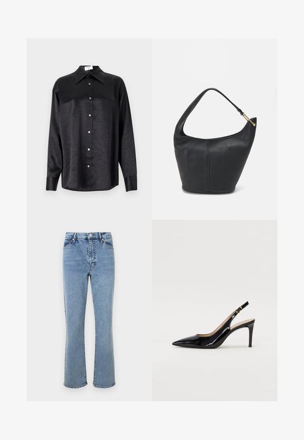 Cămașă neagră cu mânecă lungă, cu guler, cu o textură șifonată, cu nasturi pe toată lungimea și manșete. Fabricată dintr-un material neted.; Jeans de culoare albastru deschis, din material denim, cu talie înaltă, croială cu picior flared, design cu cinci buzunare și cusături contrastante.; Pantofi slingback din piele patent neagră, cu vârful ascuțit, tocul subțire și un design discret cu decupaj. Se evidențiază printr-un cataramă aurie pe curea.; Geantă din piele neagră, cu o formă rotunjită, curea lată și un finisaj texturat. Are detalii subtile de cusătură și un accent din metal de culoare aurie.