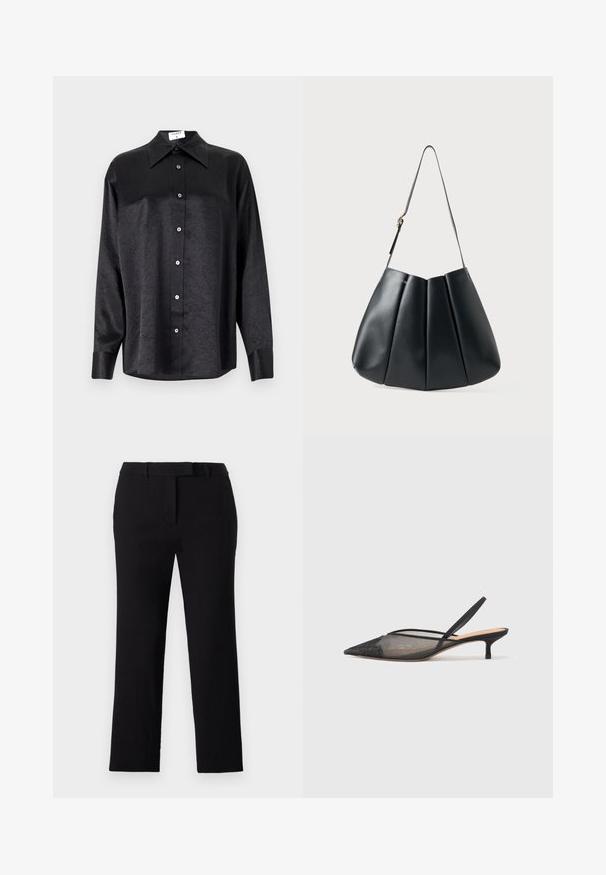 Black long-sleeve shirt with a collared neckline, featuring a crinkled texture, full button front, and cuffs. Made from a smooth fabric.; Black straight-leg trousers with a flat front, waistband, and belt loops. Smooth fabric texture, minimal stitching details, and no visible pockets.; NEOUS IRENA - Classic heels - black; Black leather shoulder bag with pleated design, smooth texture, single strap, and a subtle gold hardware accent.