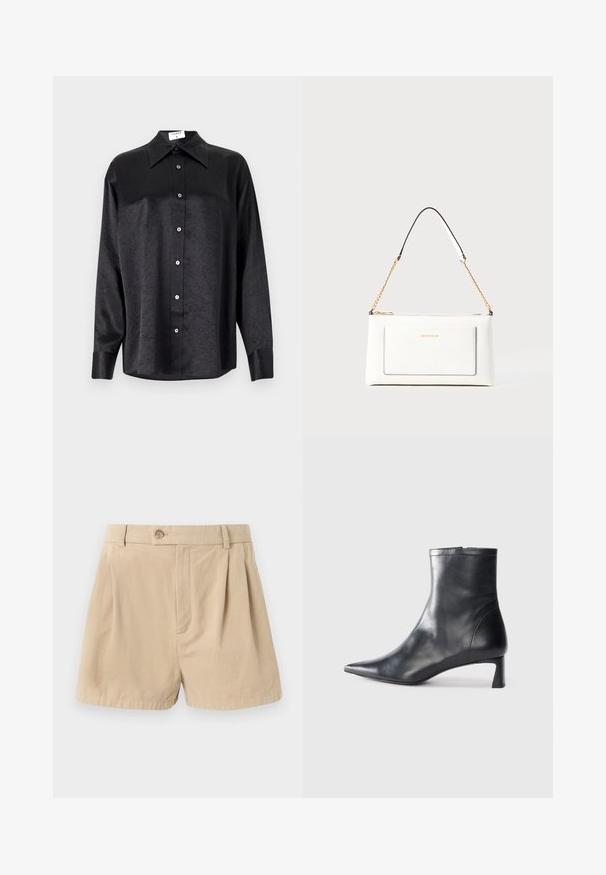 Black long-sleeve shirt with a collared neckline, featuring a crinkled texture, full button front, and cuffs. Made from a smooth fabric.; Filippa K HIGH WAIST PLEATED - Shorts - beige; Black leather ankle boot with a pointed toe and a sleek design. Features a low heel and a zipper closure at the back. Smooth texture.; White leather handbag with a textured finish, featuring a gold chain strap and black accents. Includes a front pocket and zipper closure.