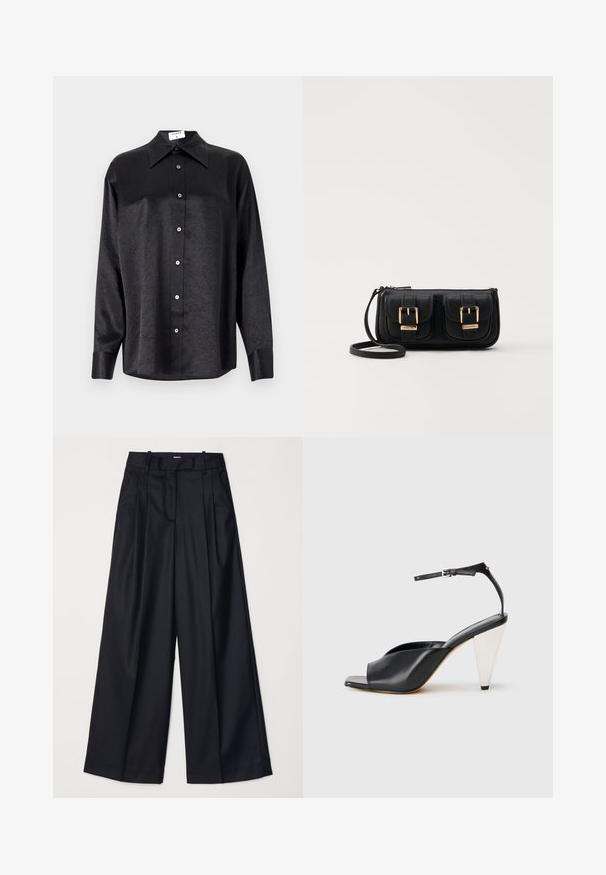 Svart langermet skjorte med krage, som har en rynket tekstur, fullt knappet front og mansjetter. Laget av et glatt stoff.; Svart vide bukser laget av glatt stoff, med høy midje, folder og skreddersydd design. Enkle svarte detaljer i midjen.; Svart lær høyhælte sandaler med åpen tå, asymmetrisk design, ankelstropp og en metallisk kjegleformet hæl. Glatt tekstur hele veien.; Svart skinn crossbody veske med to frontlommer, gyldne spenner, glidelåslukking og en slank stropp. Teksturert overflate og kompakt rektangulær form.