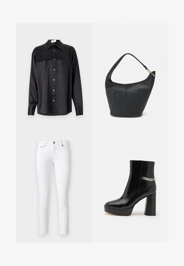 Črna srajca z dolgimi rokavi in ovratnikom, ki ima gubasto teksturo, celotno zapenjanje na gumb in manšete. Izdelana iz gladkega materiala.; Beli jeans z ozkim fitom, petimi žepi, zapiranjem na gumb ter diskretno šivanje na sprednjih in zadnjih žepih.; Črne lakirane gležnjarje z debelo platformo in visokim blok peto. Imajo srebrno verigo kot okras ob strani. Gladka tekstura.; Črna usnjena torbica ovalne oblike, s širokim pasom in teksturirano površino. Ima subtilno šivano podrobnost in zlate dodatke.