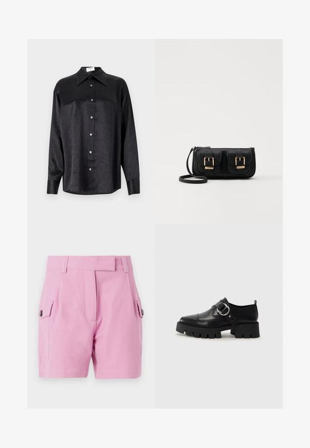 Crna košulja dugih rukava s ovratnikom, s naboranom teksturom, potpuno dugmadi naprijed i manžetama. Izrađena od glatkog materijala.; Svijetlo ružičaste kratke hlače s krojem, ravnim prednjim dijelom, bočnim džepovima s kopčama na gumb i glatkom teksturom tkanine.; Crne kožne cipele s debelim, rebrastim potplatom, koje imaju okrugli srebrni detalj i minimalne šavove.; Crna kožna torba preko ramena s dva prednja džepa, zlatnim kopčama, zatvaranjem na zip i uskim remenom. Teksturirana površina i kompaktan pravokutan oblik.