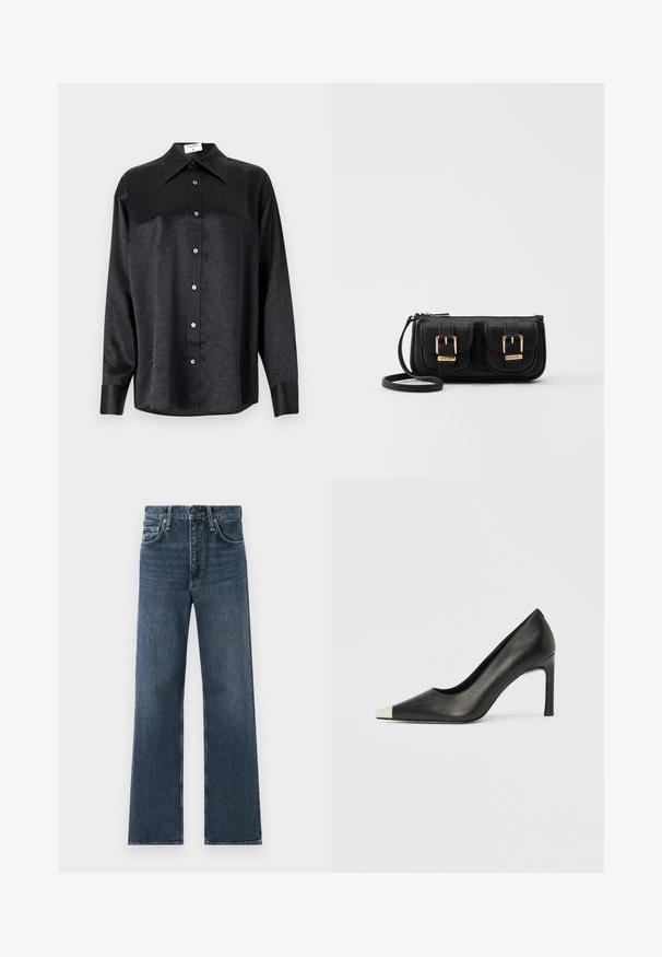 Zwarte blouse met lange mouwen en een kraag, voorzien van een gekreukt oppervlak, volwaardige knopen aan de voorkant en manchetten. Gemaakt van een gladde stof.; Blauwe recht gesneden denim jeans met vijf zakken en een knoopsluiting, gepresenteerd tegen een witte achtergrond.; Zwarte leren hoge hak met een spits toelopende neus en een metalen zilverkleurige kap. Heeft een gladde afwerking en een slanke hak van 10 cm.; Zwarte leren schoudertas met twee vo pockets, gouden gespen, ritsluiting en een smalle band. Tekstuur oppervlak en compacte rechthoekige vorm.
