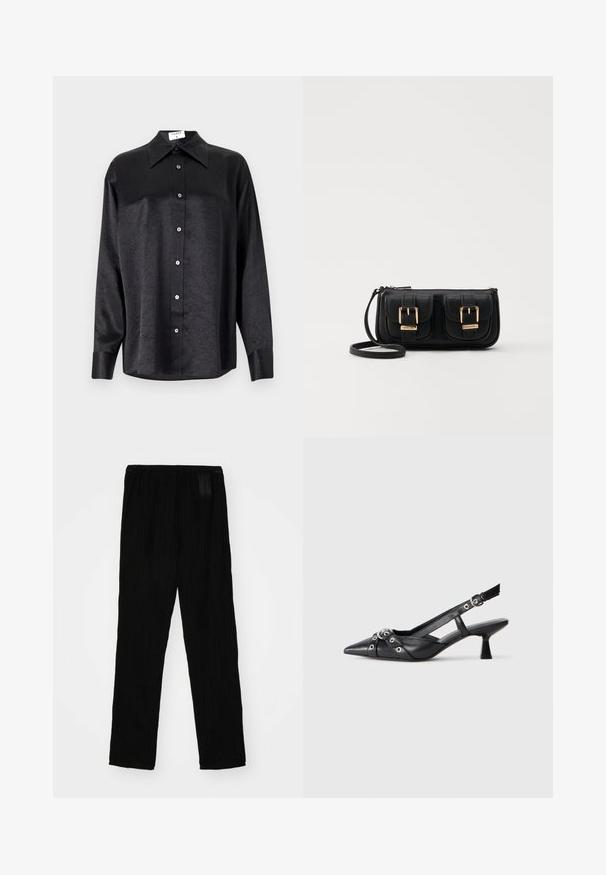Črna srajca z dolgimi rokavi in ovratnikom, ki ima gubasto teksturo, celotno zapenjanje na gumb in manšete. Izdelana iz gladkega materiala.; Črne ploščate hlače iz lahkega materiala, z elastičnim pasom in ravnim krojem. Gladka tekstura, brez vidnih vzorcev.; Črne usnjene sandale središnje zaponke z ostro konico, okrasnimi trakovi z kovinskimi očesi in nizko blokasto peto. Teksturirana površina.; Črna usnjena torbica čez ramo z dvema sprednjima žepoma, zlatimi zaponkami, zadrgo in ozkim pasom. Tekstura površine je strukturirana, obliko pa ima kompaktno pravokotno.