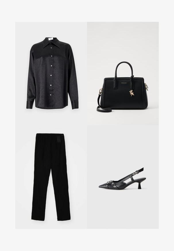 Čierna košeľa s dlhým rukávom a golierom, s pokrčenou textúrou, plne gombíkovou prednou časťou a manžetami. Vyrobená z hladkého materiálu.; Čierne plisované nohavice z ľahkej látky, s elastickým pásom a rovnými nohavicami. Hladká textúra, bez viditeľných vzorov.; Čierne kožené slingback topánky s špicatou špičkou, ozdobnými popruhmi s kovovými očkami a nízkym blokovým podpätkom. Textúrovaný povrch.; Čierna kožená kabelka so štruktúrovaným dizajnom, dvojitými hornými uchami, odnímateľným ramenným popruhom, zlatými kovovými detailmi a akcentom logového prívesku.