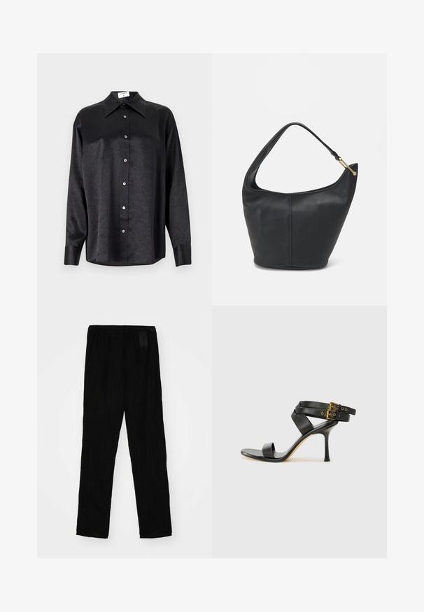 Black long-sleeve shirt with a collared neckline, featuring a crinkled texture, full button front, and cuffs. Made from a smooth fabric.; Black pleated trousers made of lightweight fabric, featuring an elastic waistband and straight-leg design. Smooth texture, no visible patterns.; Black heeled sandal with crossed straps and adjustable buckle. Features a smooth texture and tapered stiletto heel.; Black leather handbag with a rounded shape, a wide strap, and a textured finish. Features a subtle seam detail and a gold-tone hardware accent.