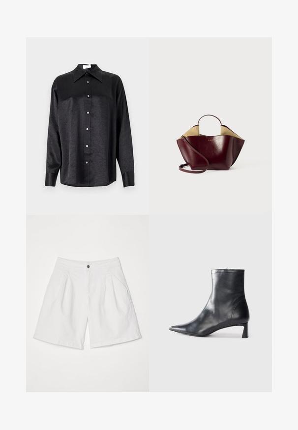 Black long-sleeve shirt with a collared neckline, featuring a crinkled texture, full button front, and cuffs. Made from a smooth fabric.; White denim shorts with a pleated front design, featuring side pockets and a single black button closure at the waist.; Black leather ankle boot with a pointed toe and a sleek design. Features a low heel and a zipper closure at the back. Smooth texture.; Burgundy leather handbag with a structured shape, featuring a short handle, long shoulder strap, and a contrasting beige interior.