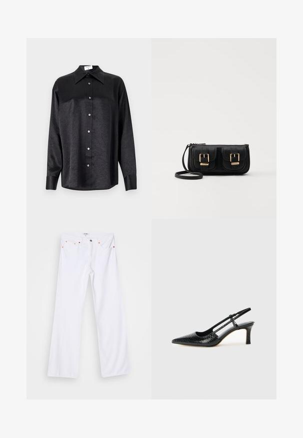 Svart langermet skjorte med krage, som har en rynket tekstur, fullt knappet front og mansjetter. Laget av et glatt stoff.; Hvit denim med utsvingte bukser som har oransje sømmer, fem lommer og metallknapp-lukking. Overflaten har en jevn, lett teksturert finish.; Sorte patent slingback hæl med spids tå, featuring tekstureret slangeskind, justerbar rem og en kort, tekstureret blokhæl.; Svart skinn crossbody veske med to frontlommer, gyldne spenner, glidelåslukking og en slank stropp. Teksturert overflate og kompakt rektangulær form.
