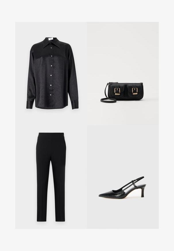 Crna košulja dugih rukava s ovratnikom, s naboranom teksturom, potpuno dugmadi naprijed i manžetama. Izrađena od glatkog materijala.; Crne hlače s elegantnim dizajnom, izrađene od glatkog materijala. Imaju elastičnu struk i uske nogavice s minimalnim detaljima šivanja.; Crne lakirane slingback pete s oštrim vrhom, s teksturiranim uzorkom zmijske kože, podesivom remenom i kratkom, teksturiranom blok-petom.; Crna kožna torba preko ramena s dva prednja džepa, zlatnim kopčama, zatvaranjem na zip i uskim remenom. Teksturirana površina i kompaktan pravokutan oblik.