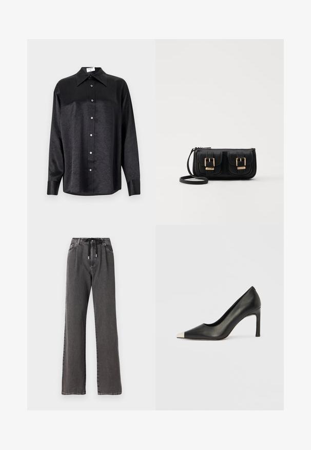 Black long-sleeve shirt with a collared neckline, featuring a crinkled texture, full button front, and cuffs. Made from a smooth fabric.; Wide-leg gray denim pants featuring a drawstring waist and front pockets, crafted from soft, sturdy cotton fabric.; Black leather high heel shoe with a pointed toe and a metallic silver cap. Features a smooth finish and a slender 10 cm heel.; Black leather crossbody bag with two front pockets, gold buckles, zipper closure, and a slim strap. Textured surface and compact rectangular shape.