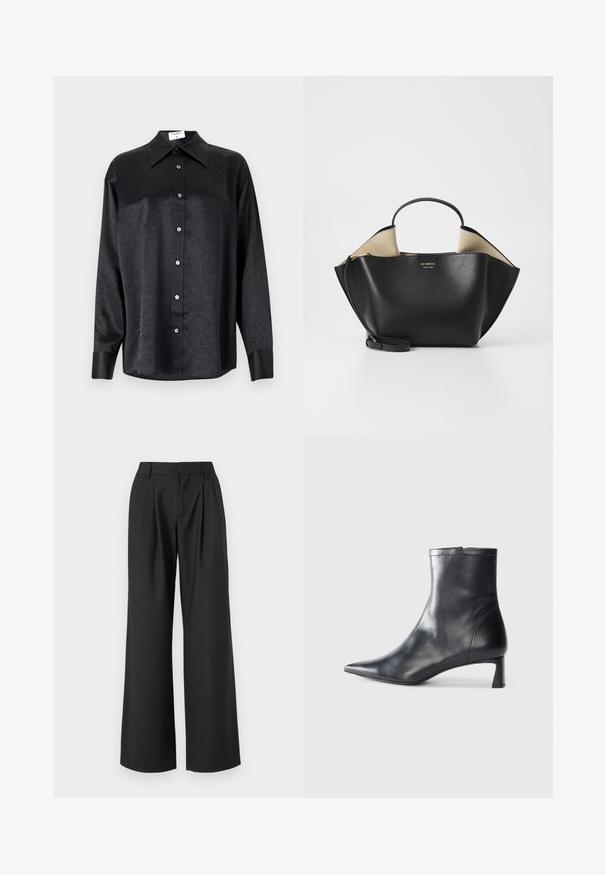 Fekete, hosszú ujjú ing, galléros nyakkal, gyűrött textúrával, teljes gombos elejével és mandzsettákkal. Simaságú anyagból készült.; Won Hundred CAMILLE TROUSERS - Nadrágok - licorice; Fekete bőr bokacsizma hegyes orral és letisztult dizájnnal. Alacsony sarka és hátsó cipzáras záródása van. Simának tűnő textúra.; Ree Projects ANN TOTE MINI - Kézitáska - black