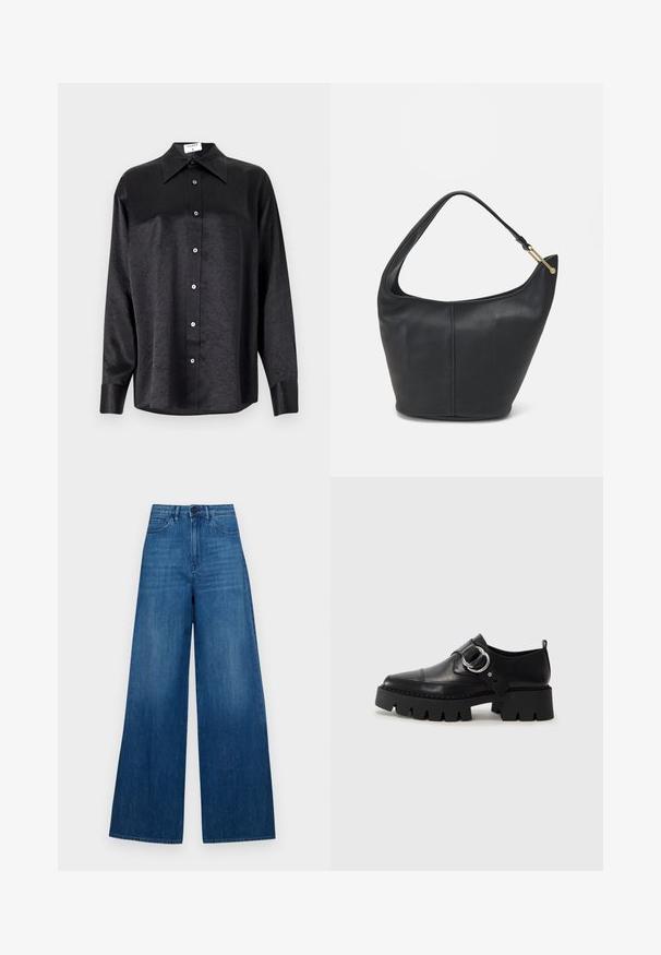 Černá košile s dlouhým rukávem a límečkem, s jakostní texturou, plně zapínací, s manžetami. Vyrobena z hladkého materiálu.; Modré džíny s širokými nohavicemi a vysokým pasem, se šesti kapsami, čistým provedením a jemným vyblednutím. Bez viditelného loga nebo ozdob.; Černé kožené boty s robustní ribkovanou podešví, zdobené kruhovým stříbrným kovovým prvkem a minimálním švem.; Černá kožená kabelka zaobleného tvaru, s širokým popruhem a texturovaným povrchem. Obsahuje jemné švy a akcenty ve zlatém tónu.