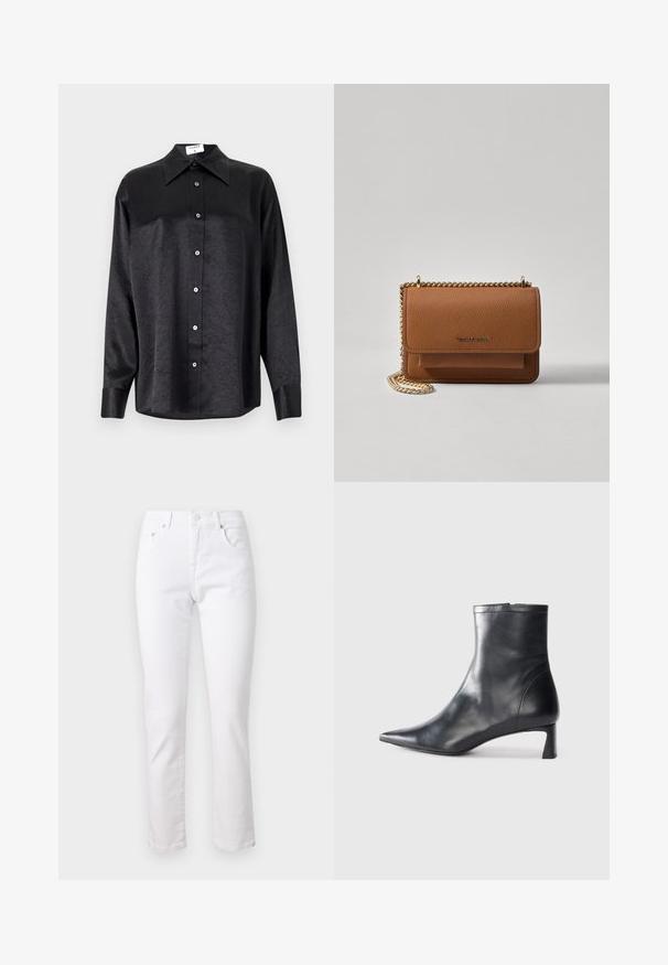 Fekete, hosszú ujjú ing, galléros nyakkal, gyűrött textúrával, teljes gombos elejével és mandzsettákkal. Simaságú anyagból készült.; Fehér denim nadrág egyenes szárú kivitelben, öt zsebes stílusban és fém gombos zárással, sima textúrával és minimális varrásokkal.; Fekete bőr bokacsizma hegyes orral és letisztult dizájnnal. Alacsony sarka és hátsó cipzáras záródása van. Simának tűnő textúra.; Barna textúrájú bőr keresztbody táska arany lánc pánttal és fedélzárral. Az elején logó részlet és egy zseb található a fedél alatt.