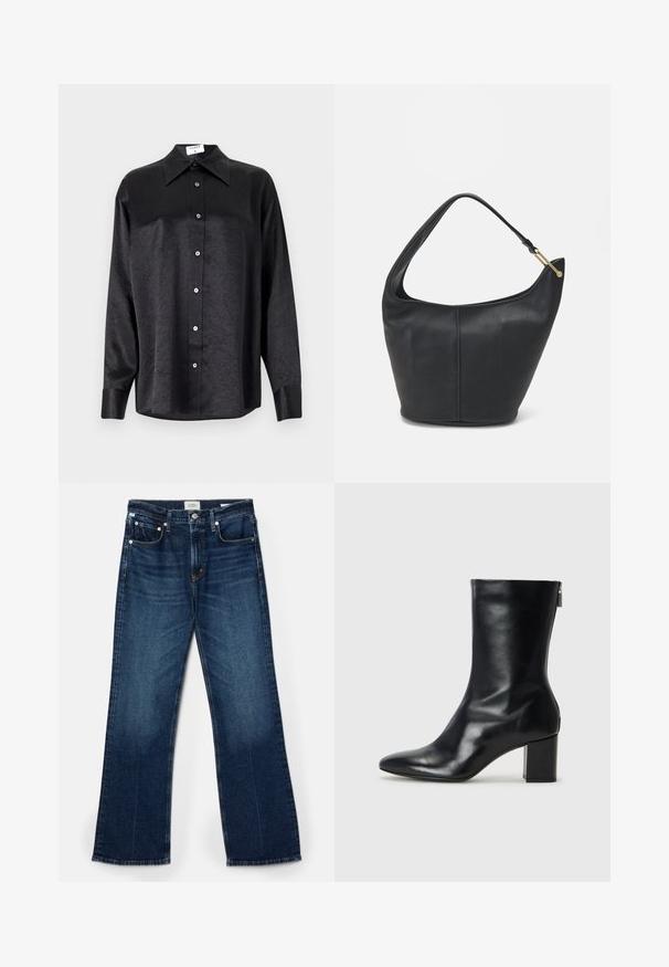 Black long-sleeve shirt with a collared neckline, featuring a crinkled texture, full button front, and cuffs. Made from a smooth fabric.; Dark blue denim jeans, wide-leg cut, five-pocket style, visible stitching accents, and a smooth texture with slight fading.; Black leather ankle boot with a pointed toe and 4 cm block heel. Sleek design features a side zipper for easy wear. Smooth texture.; Black leather handbag with a rounded shape, a wide strap, and a textured finish. Features a subtle seam detail and a gold-tone hardware accent.