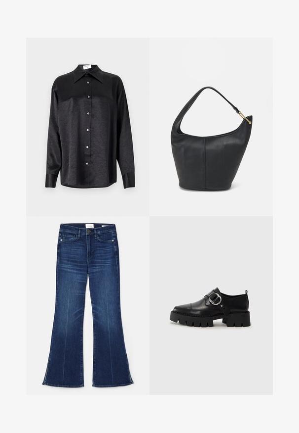 Chemise noire à manches longues avec un col, présentant une texture froissée, une fermeture à boutons sur le devant et des poignets. Fabriquée en tissu lisse.; Jean évasé bleu foncé en denim. Il présente une taille haute, des poches avant et des fentes au bas. Design classique à cinq poches.; Chaussures noires en cuir avec une semelle épaisse et côtelée, présentant un accent en métal argenté circulaire et des détails de couture minimalistes.; Sac à main en cuir noir avec une forme arrondie, une large bandoulière et une finition texturée. Présente un détail de couture subtil et un accent en métal doré.